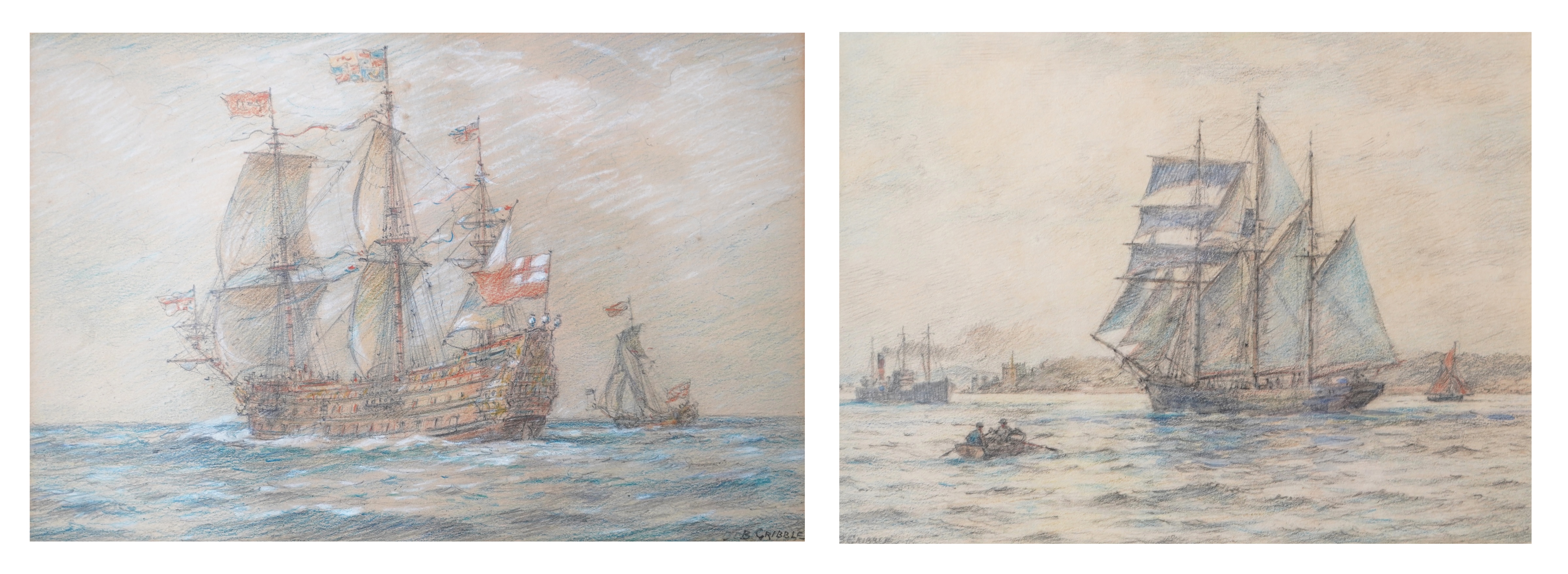 Bernard Finegan Gribble, 1872-1962, 'Three Masted Ships at Sea' and 'Off the Coast'